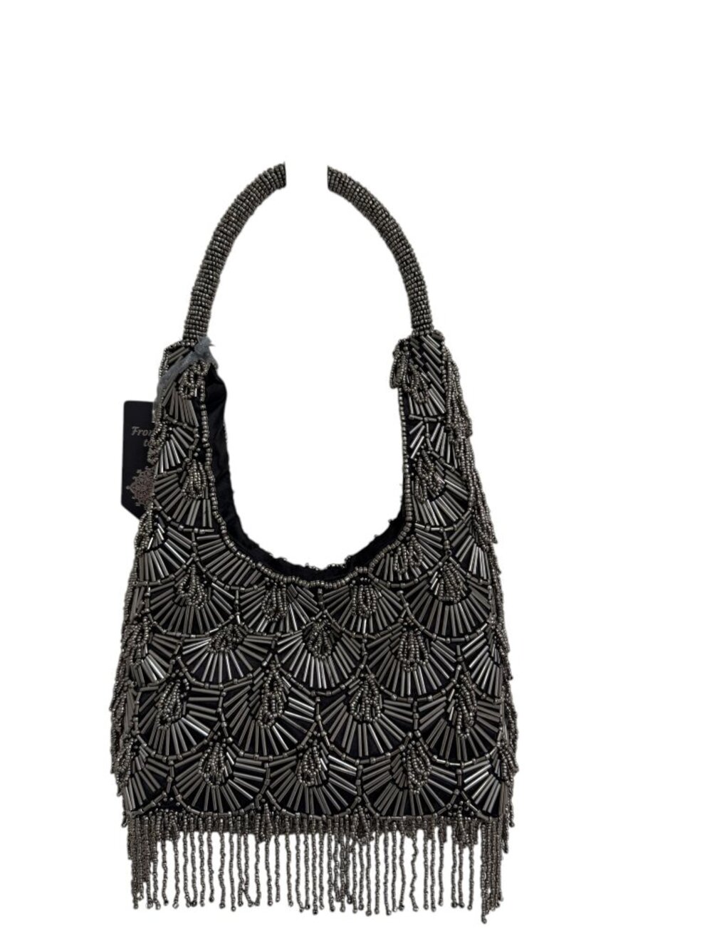 Beaded Fringe Shoulder Bag Black Silver Geometric Pattern Handmade in India NWT